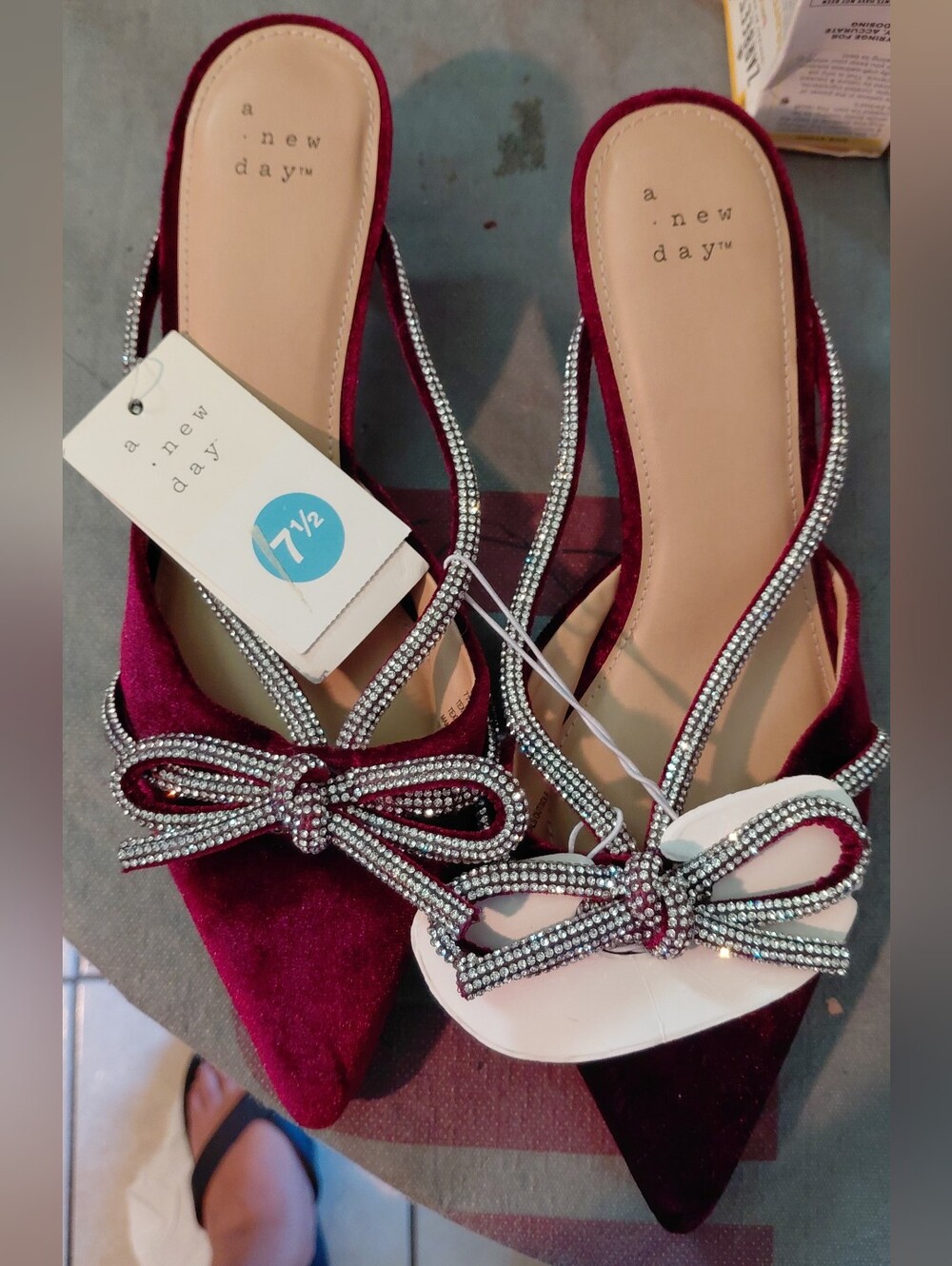 a new day Burgundy Pointed Toe Bow Slingback Flats with Rhinestones